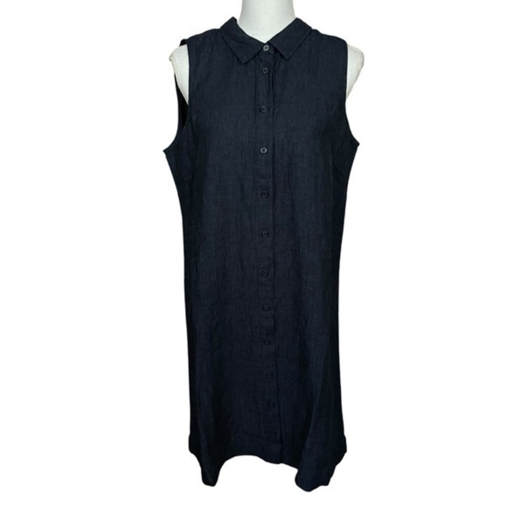 Garnet Hill Linen Shirt Dress Women’s 14 Navy Sleeveless